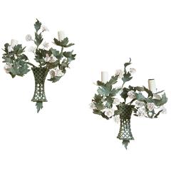 Antique Pair of Painted Tole Sconces with Porcelain Flowers