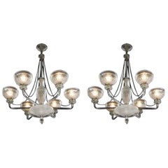 Pair of Six-Light Frosted and Etched Glass Chandelier by Osler
