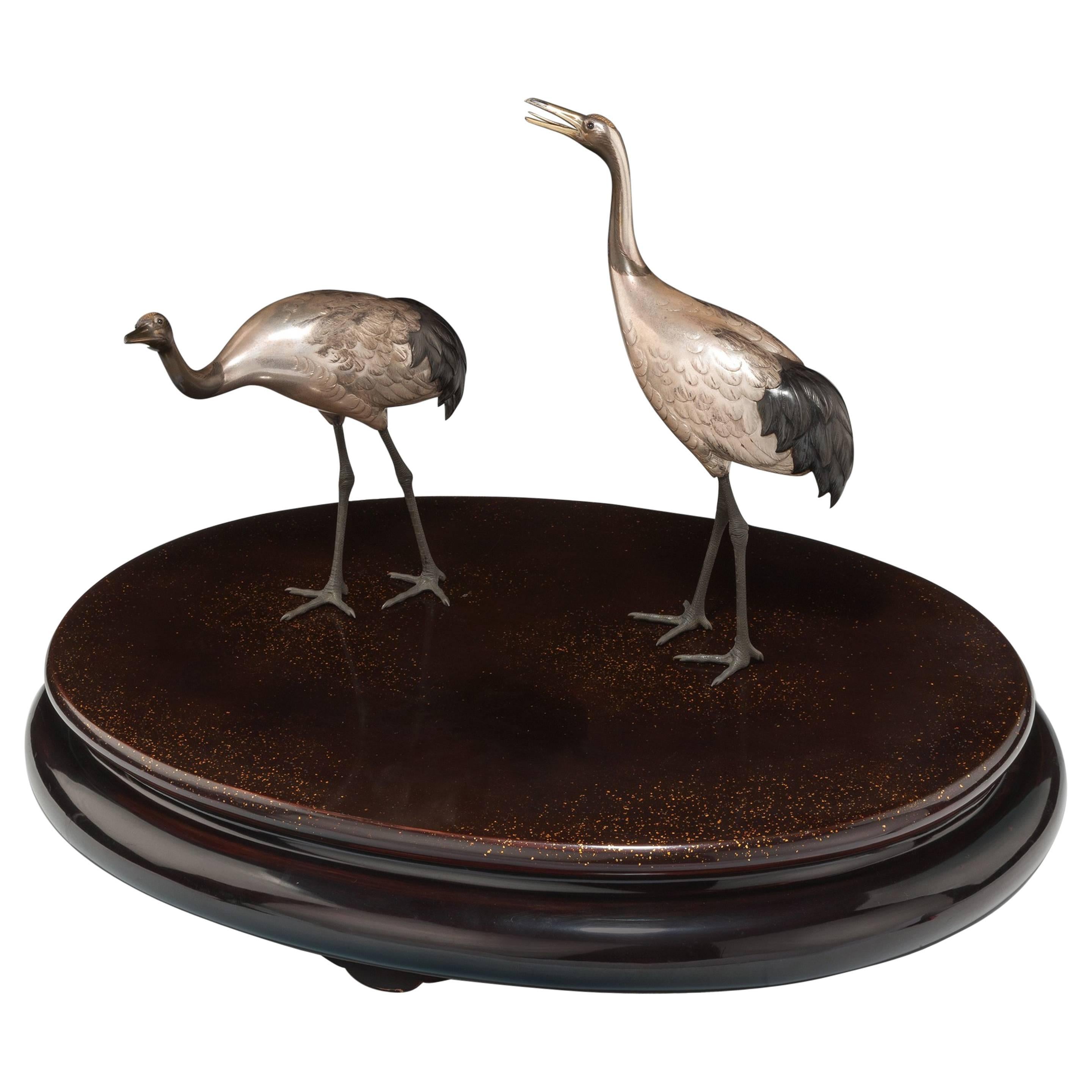Pair of Japanese Taisho Period Silver Cranes