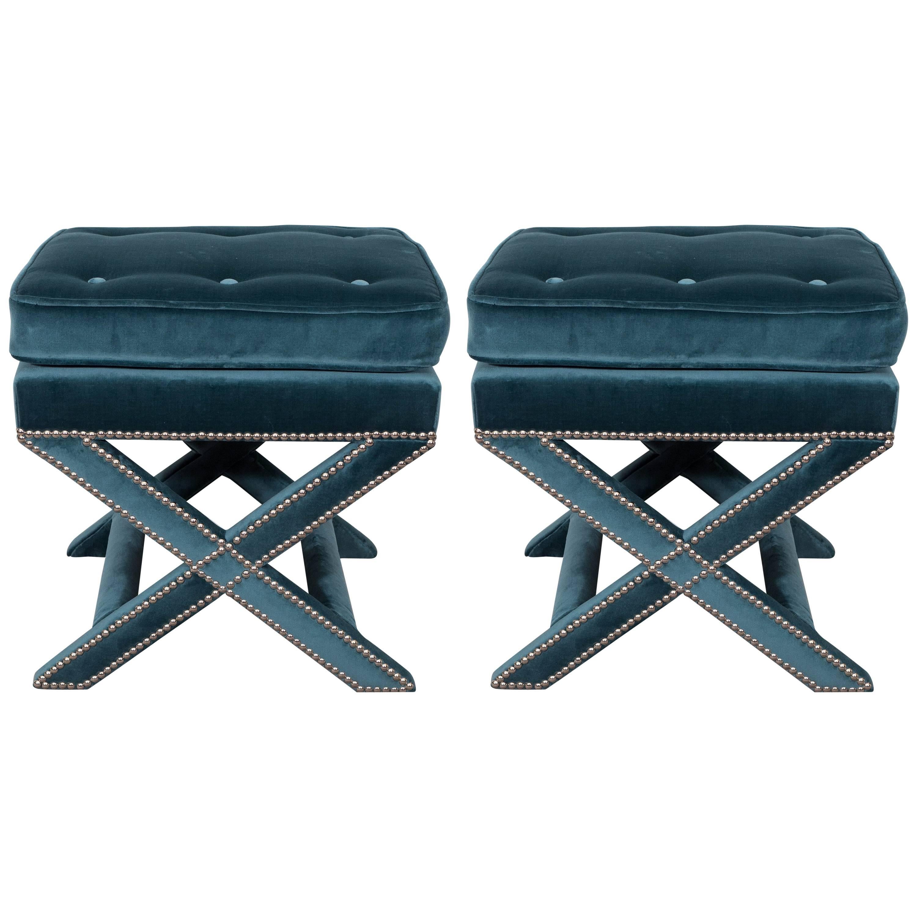 Pair of Mid-Century X-Benches in Jade Velvet with Chrome Nailhead Trim