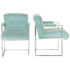 Vintage Milo Baughman Light Blue Velvet Armchairs for Thayer Coggin