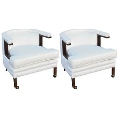 Pair of Walnut and White Silk Roller Chairs by Edward Wormley, 1960s, USA