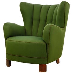 Danish Wingback Lounge Chair with Green Wool Upholstery, 1940s