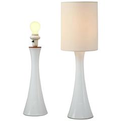Bergboms Pair of Opaline Glass with Teak Table Lamps, Sweden, circa 1960