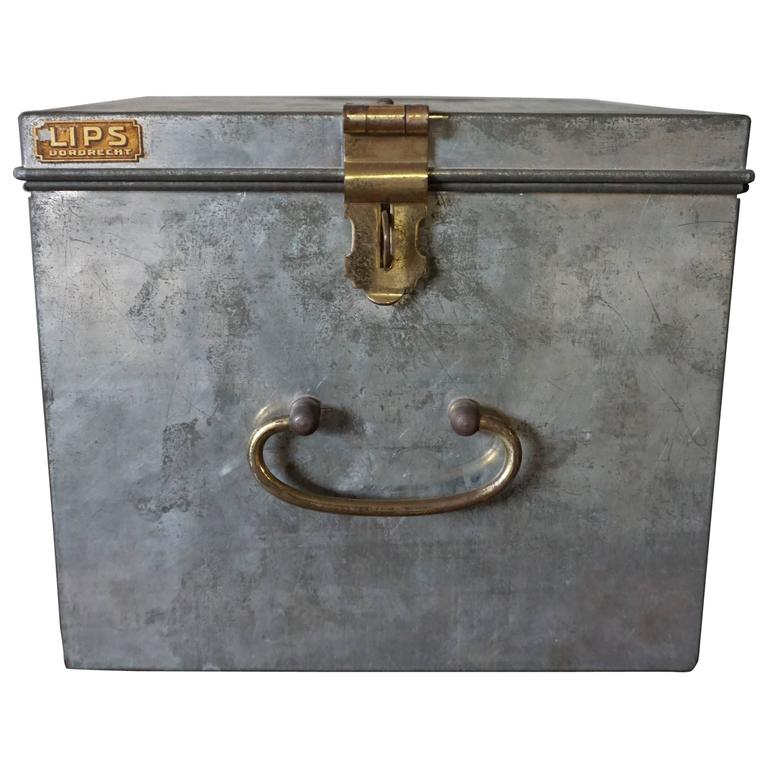 Vintage Industrial Safe Box with Brass Details For Sale at 1stdibs
