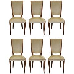 Set of Six French Art Deco Walnut Dining Chairs, circa 1940s