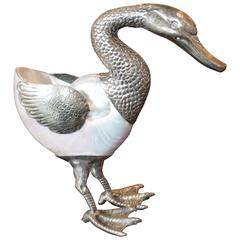 Mother-of-Pearl and Silver Plate Duck Sculpture