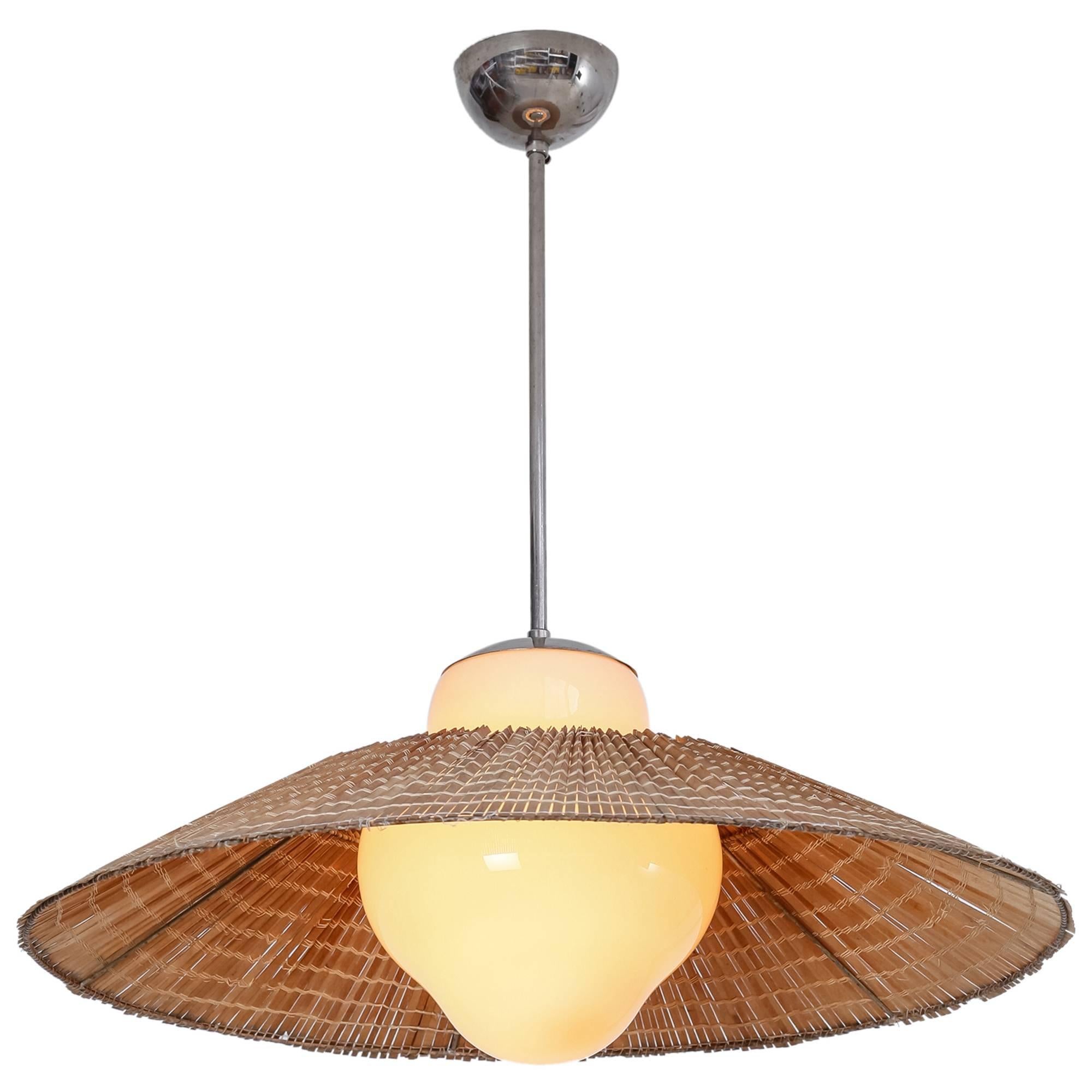 Gunilla Jung Opaline Glass and Rattan Pendant for Orno, Finland, 1940s