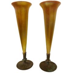 Pair Tiffany Style Favrile Gold Glass Trumpet Form Vases