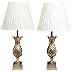 Midcentury Pair of Brass Pineapple Motif Table Lamps