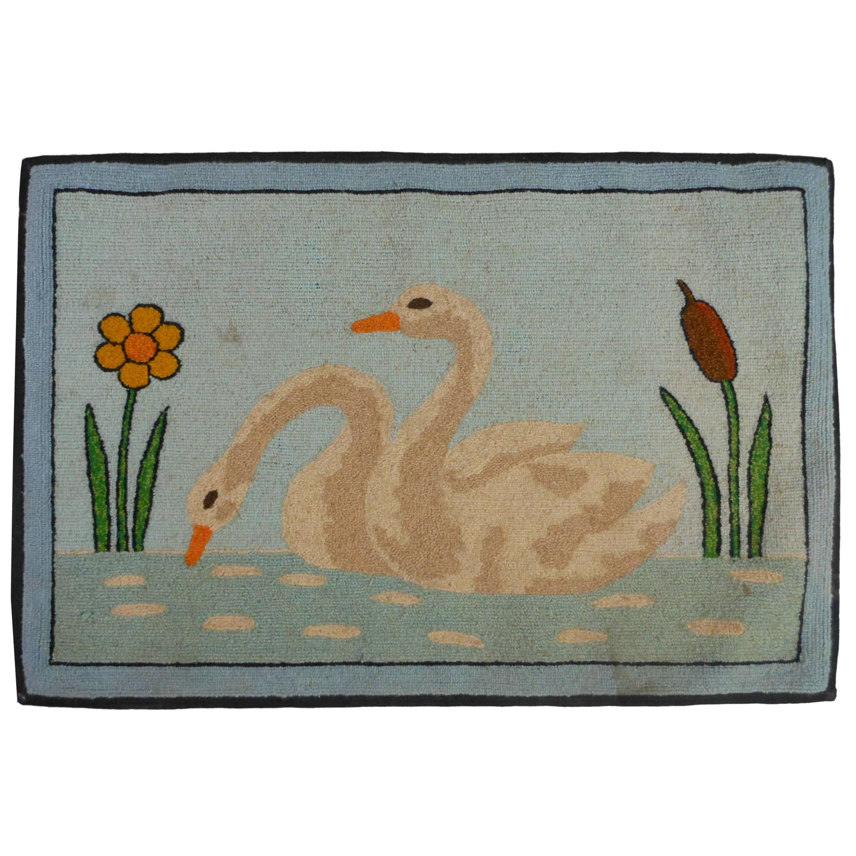 Folk Art Hooked Mat of a Pair of Swans For Sale