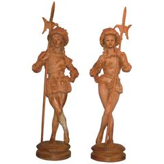 Large Pair of 20th Century Painted Cast Iron Renaissance Style Figures