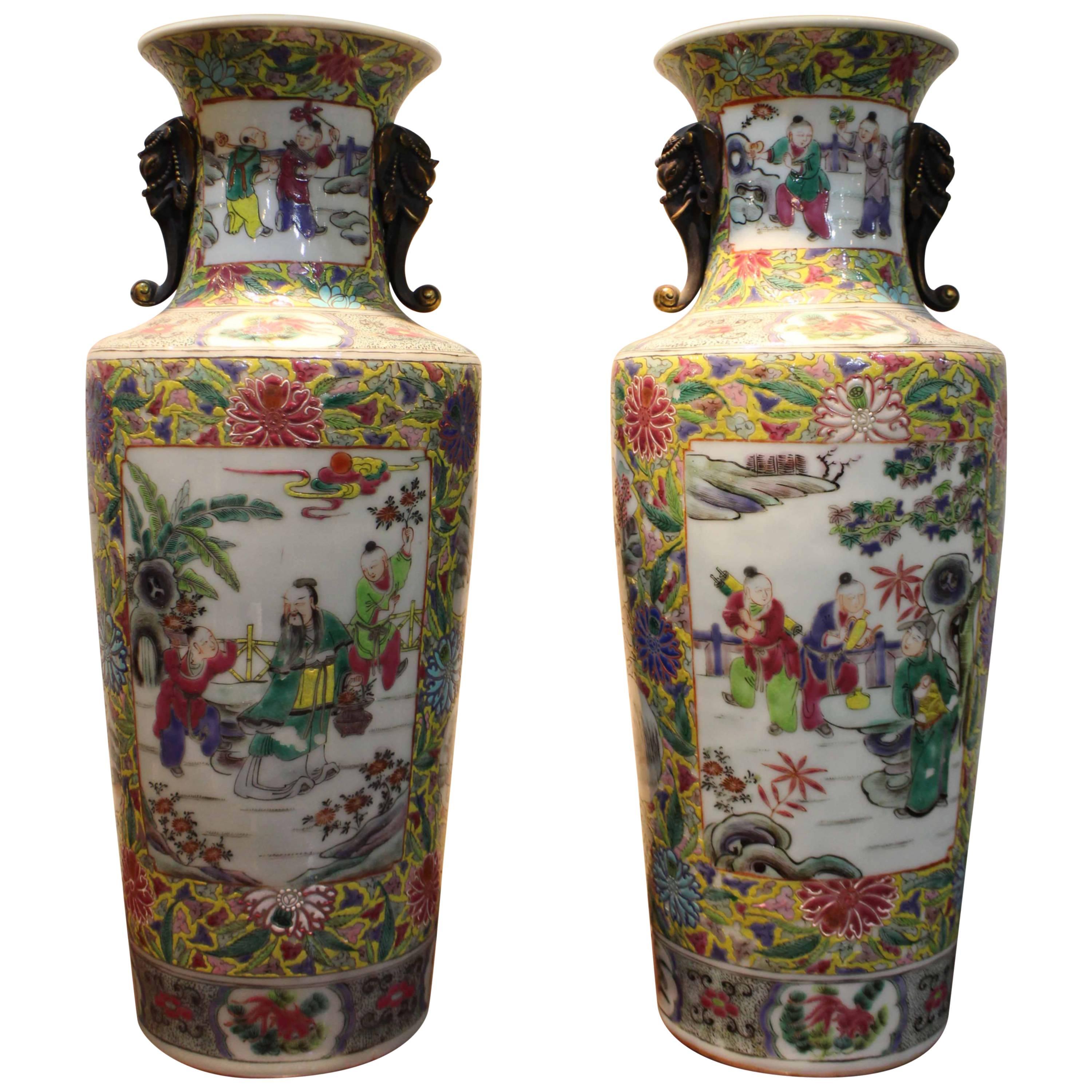Pair of Antique Chinese Famille Verte Vases For Sale