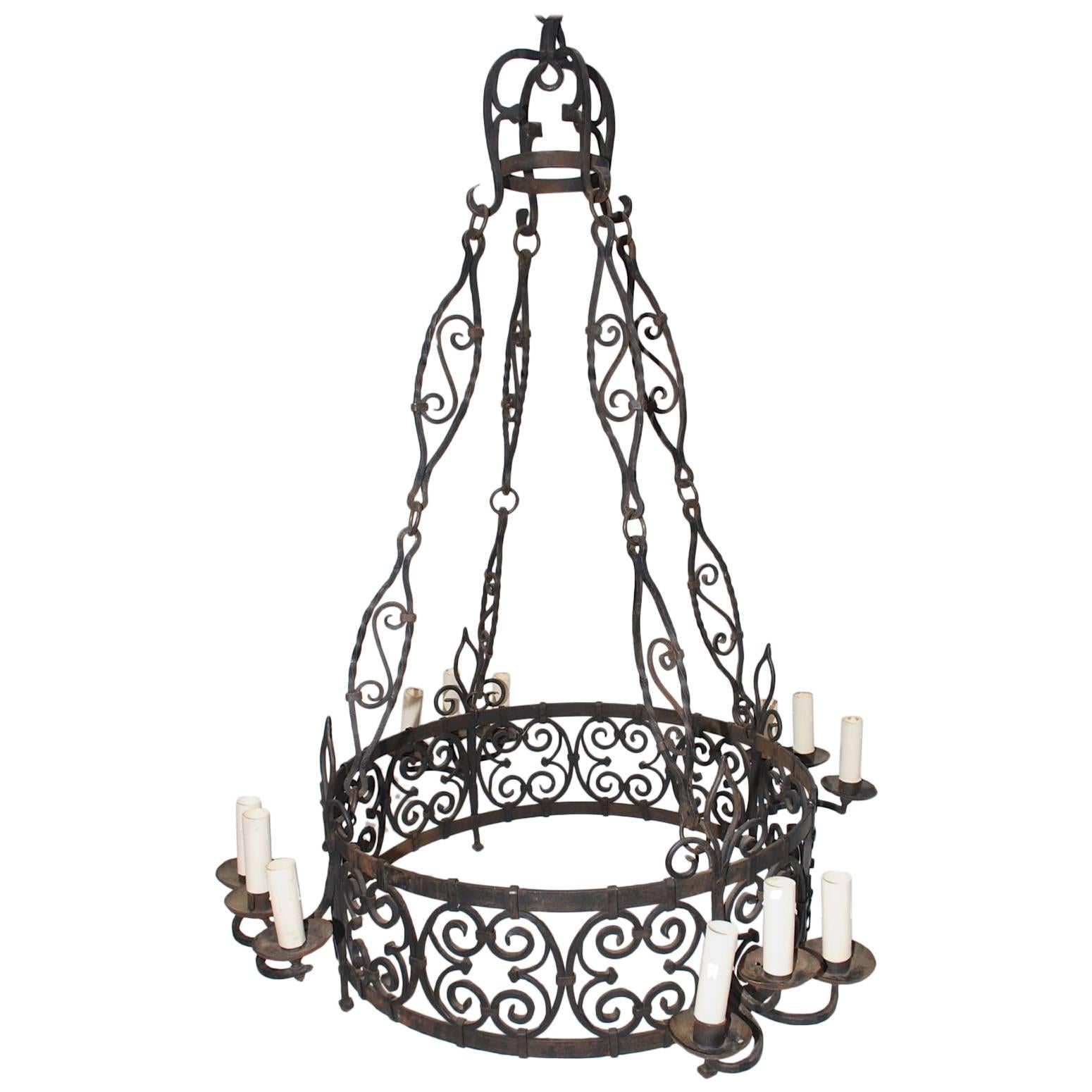 Large French 1930 Wrought Iron Chandelier For Sale