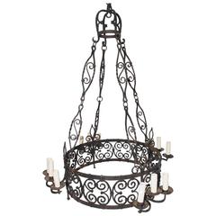Large French 1930 Wrought Iron Chandelier