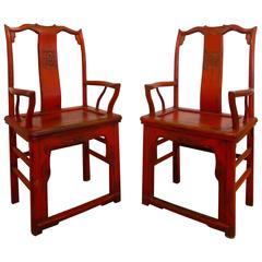 Pair of Striking Red Chinese Carved Wood Armchairs