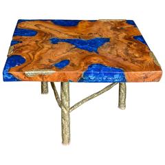 Cocktail Table with Blue Resin and Wood by Henri Fernandez