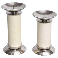 Two Piece Set of Karl Springer Candlesticks Ivory Shagreen and Nickel-Plated 