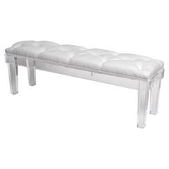 Bespoke Hollywood Regency, Glam, Lucite Bench with White Button-Tufted Fabric