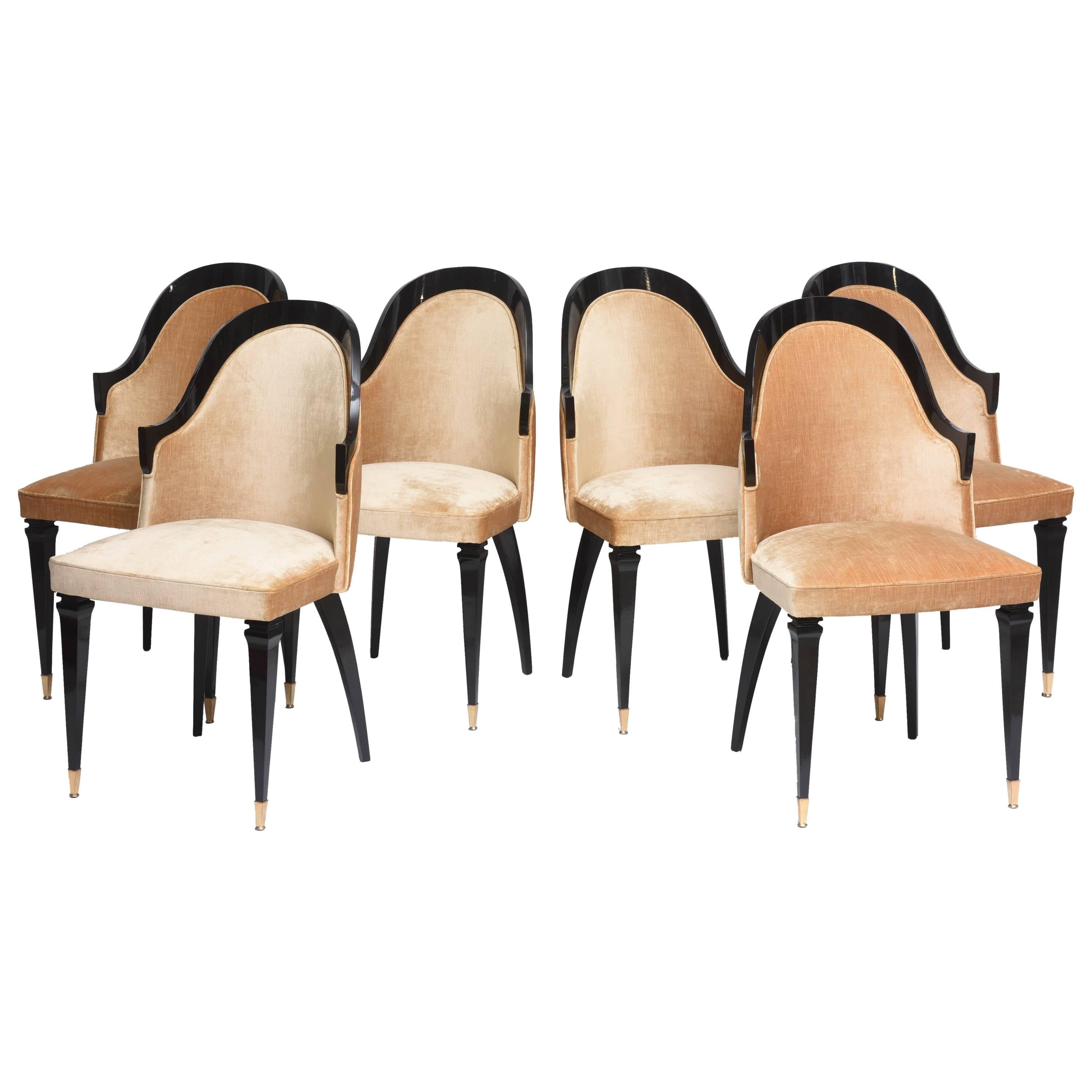 Set of Six Art Deco Style "Gondola" Dining Chairs in the Style of Jules Leleu