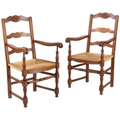 Antique Pair of Country French Oak Armchairs with Rush Seats, 1920s