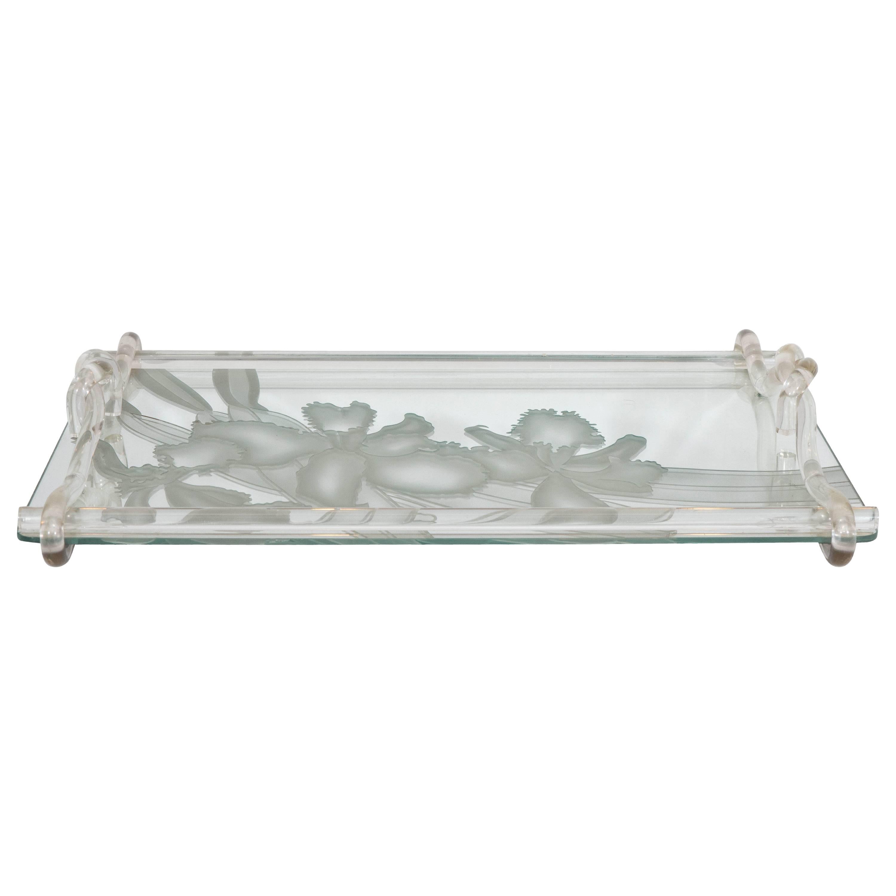Dorothy Thorpe Etched Mirrored Glass Tray with Lucite Handles For Sale