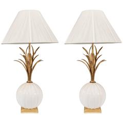 Pair of Mid-Century Alabaster Lamps with Wheat Tole Tops on Gold Leaf Wood Bases