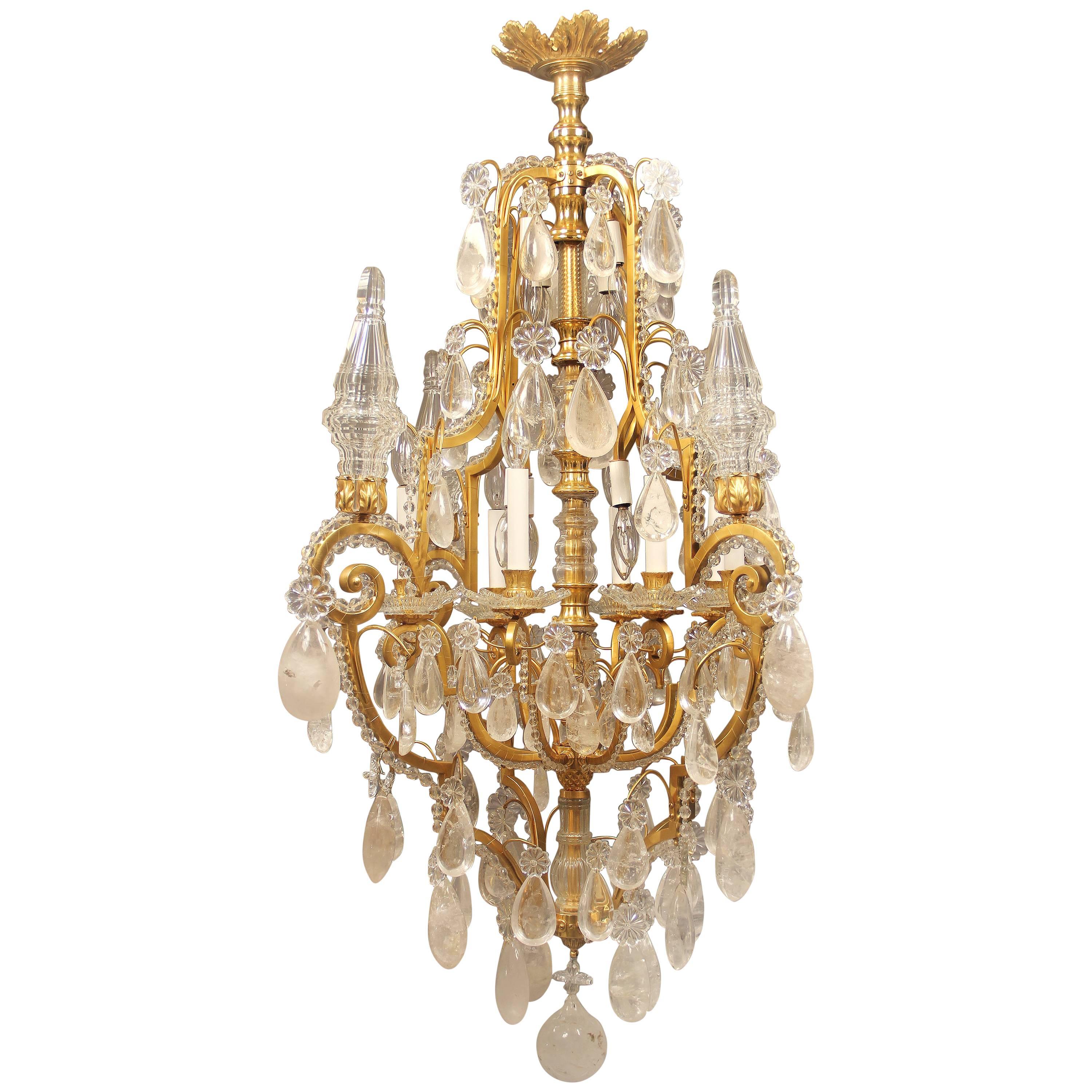 Fantastic Early 20th Century Gilt Bronze and Rock Crystal Chandelier For Sale