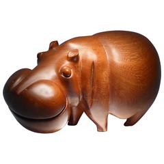 Large Solid Teak Hippo Carved Sculpture