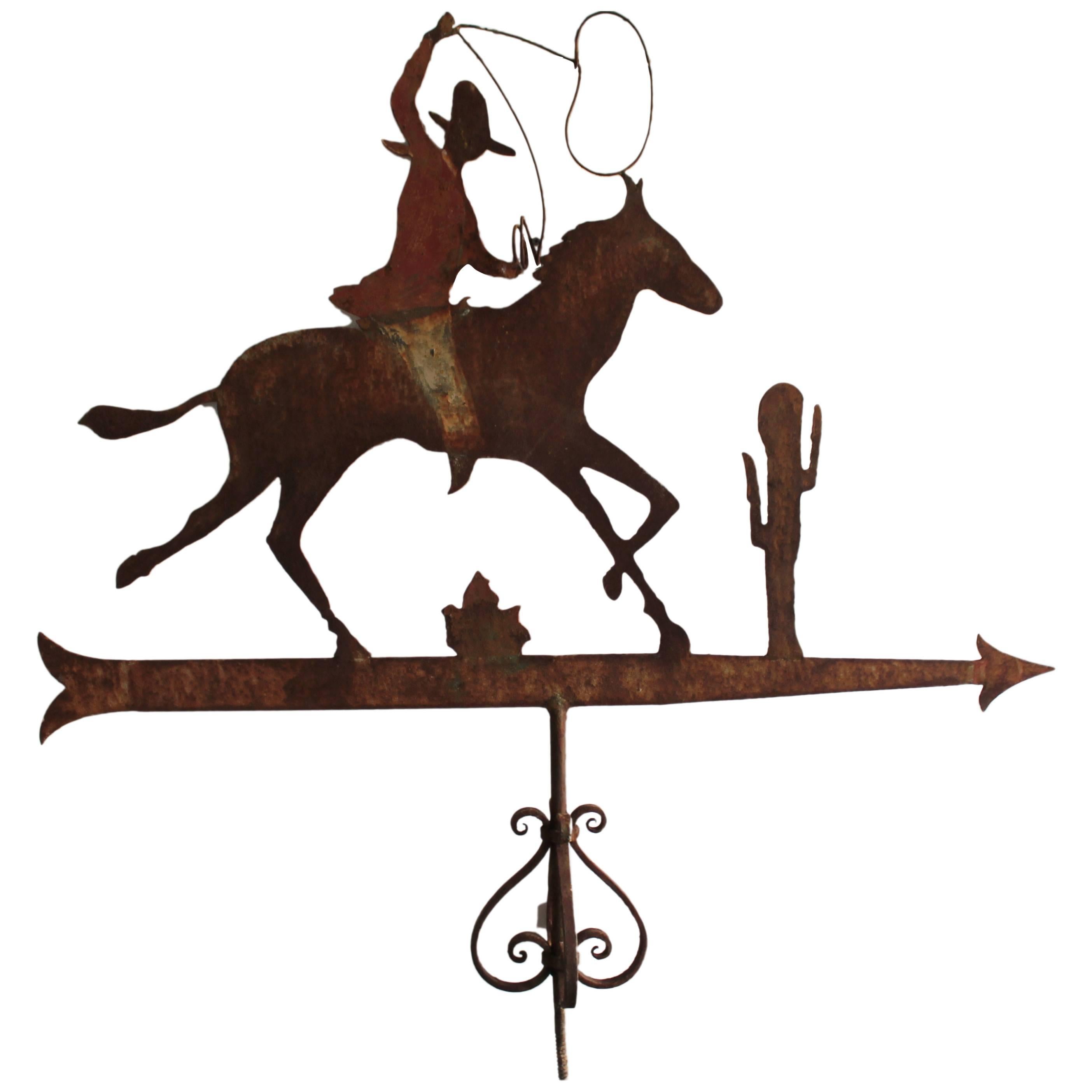 This 19th century all original painted cowboy weather vane was found on a horse ranch in northern California. The condition is as found and undisturbed original surface. The painted surface or patina is consistent with age and use. This is a one of