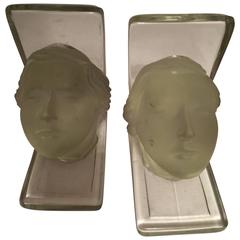 Pair of Male Sculptural Glass Bookends in the Manner of Lalique