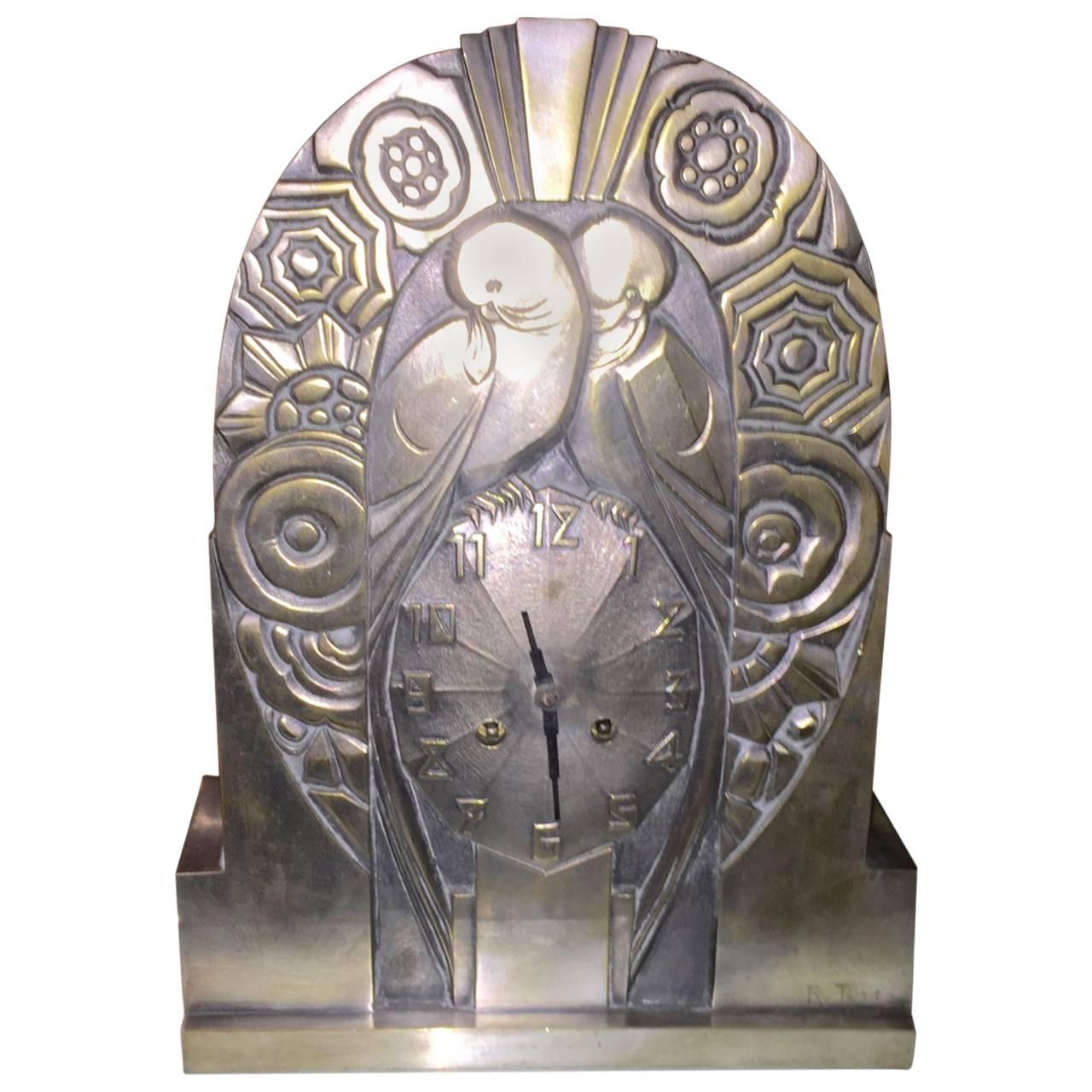French Art Deco Nickeled Bronze Clock by R. Terras