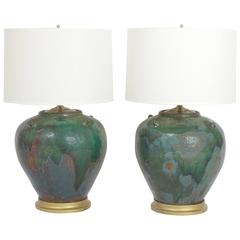 Pair of Large Bulbous Terra Cotta Table Lamps