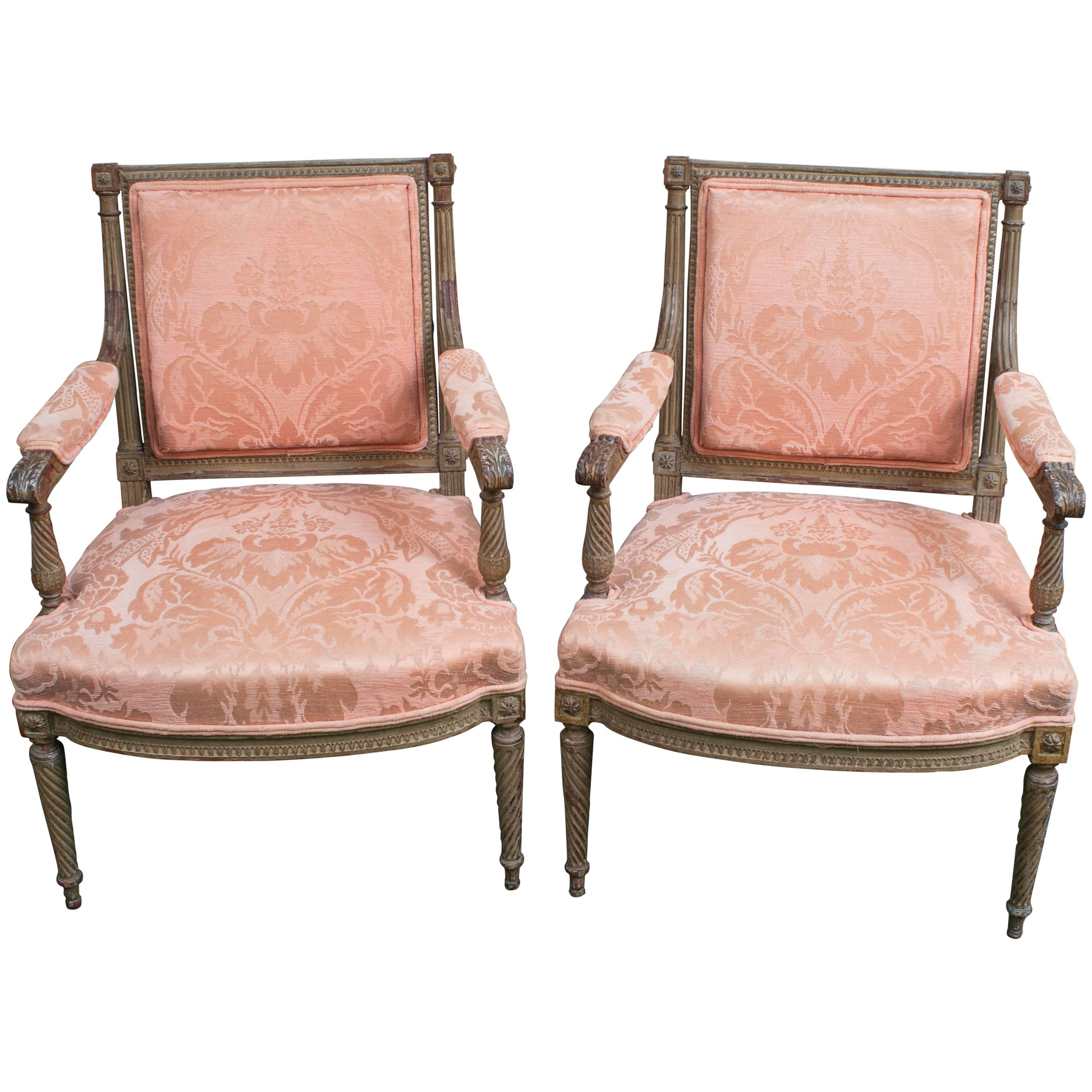 Pair of Louis XVI Style Fauteuils "Open Armchairs, " France, circa 1850 For Sale