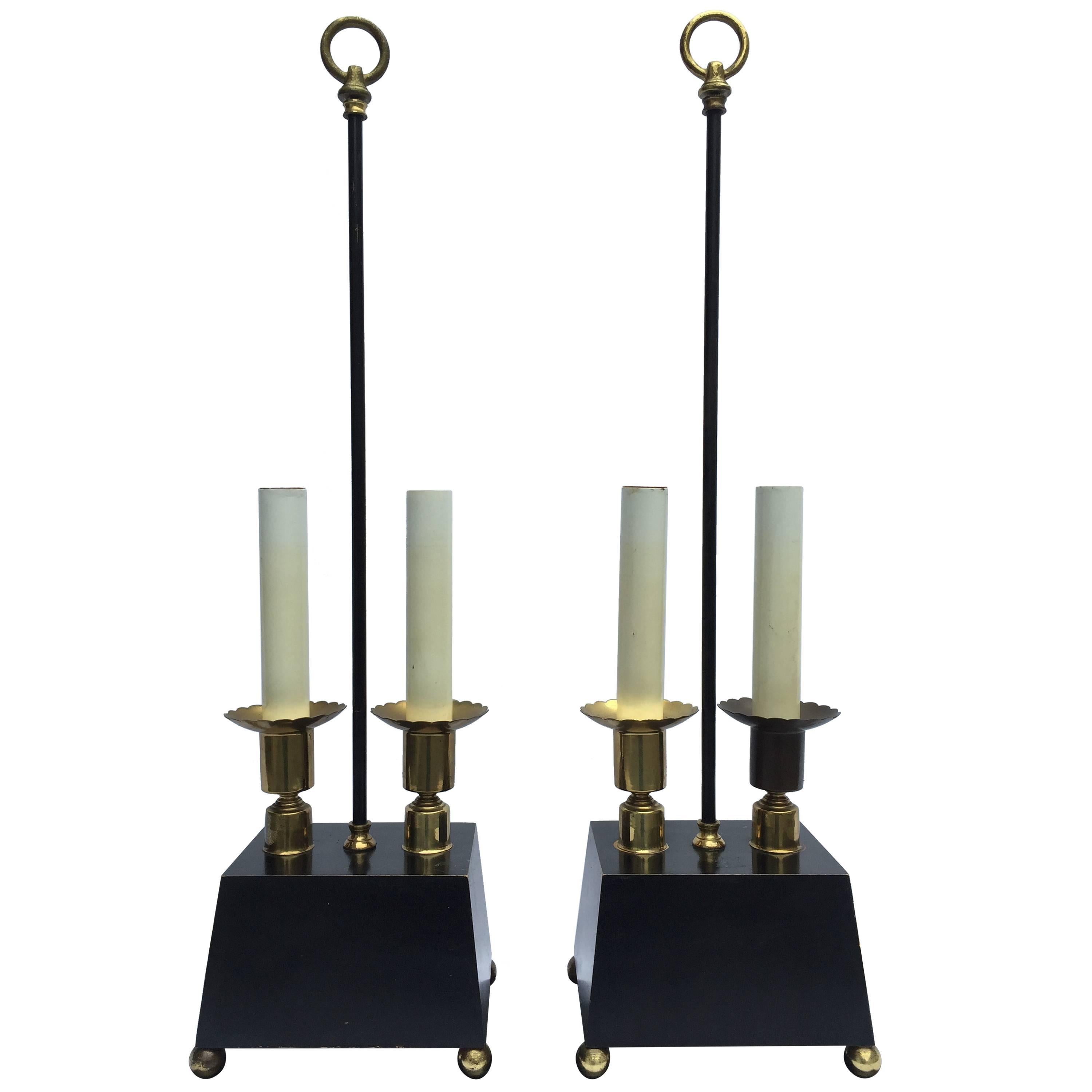 Pair of Parzinger-esque Wood and Brass Table Lamps with Trapezoid Bases