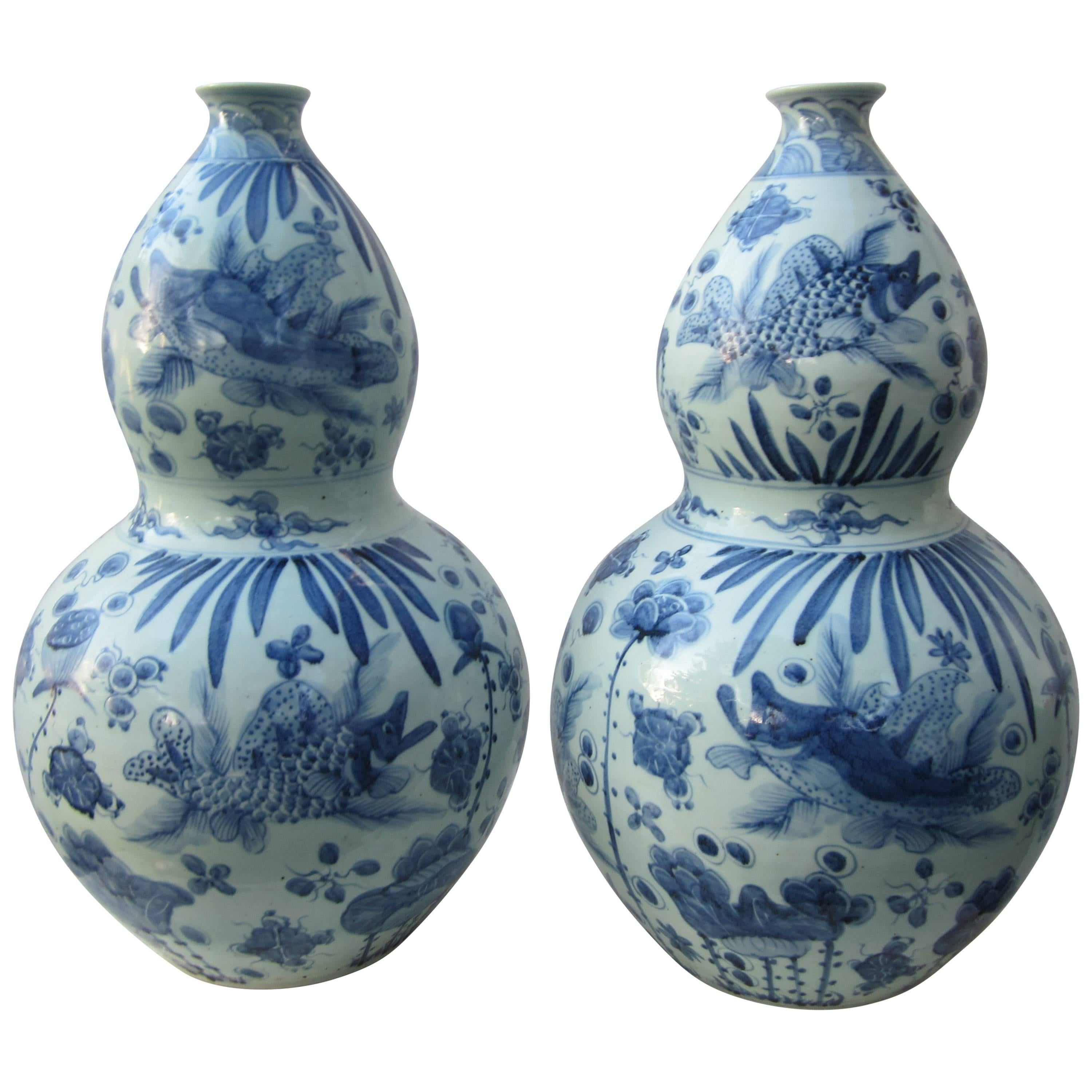 Large Pair of Chinese Blue and White Gourd Vases