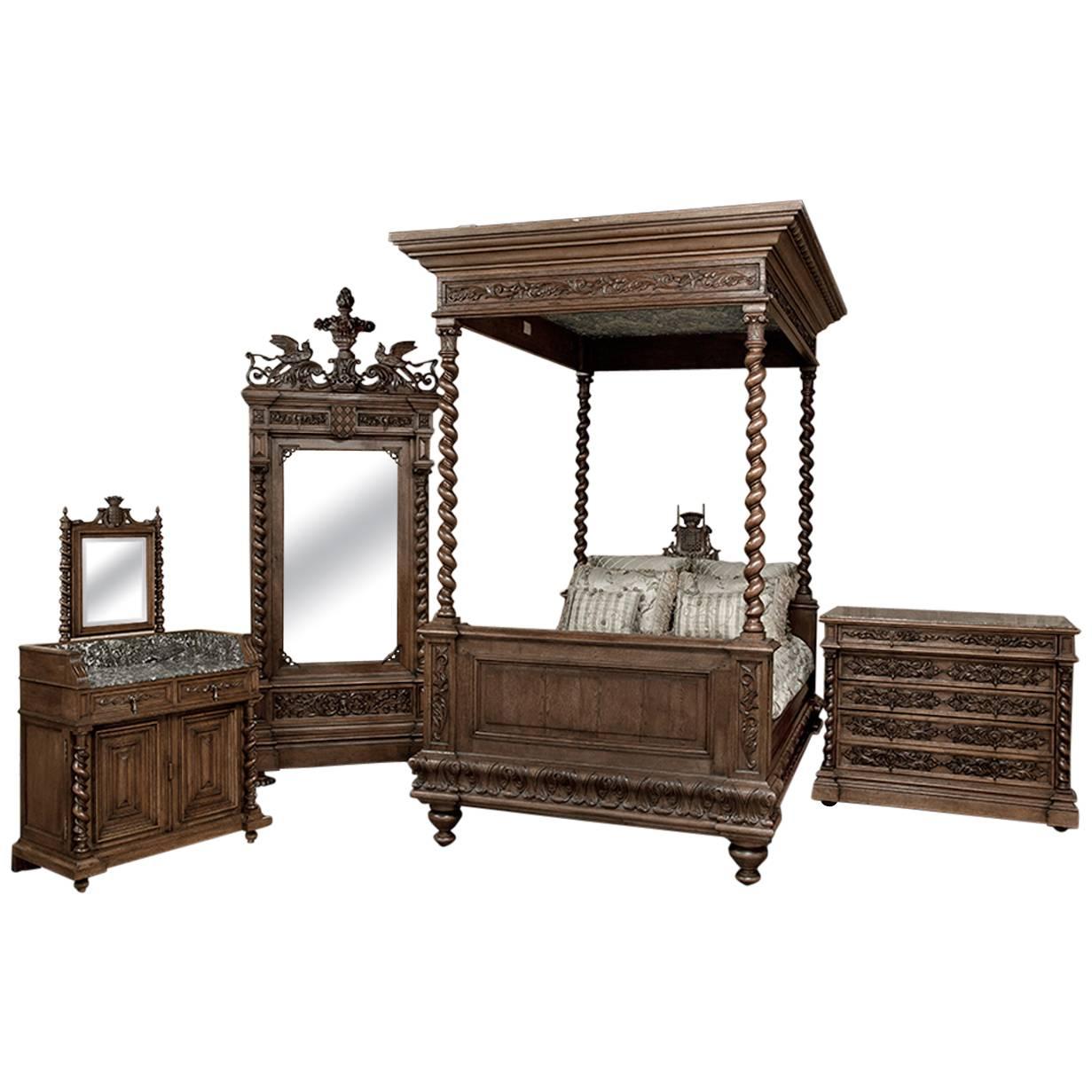 19th C French Antique Renaissance Revival Four-Piece Carved Oak Bedroom Suite