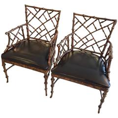 Pair of Midcentury Chippendale Style Iron and Leather Armchairs