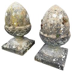 Pair of Mossy English Cast Stone Acorn Finials