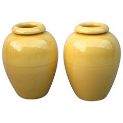1930s Rare Pair of Bauer Pottery Yellow Oil Jars 