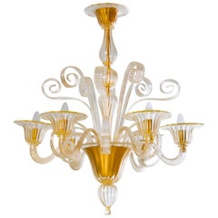 Vintage Crafted Blown Murano Glass Chandelier adorned with Gold Pastorals 1990s Italy 