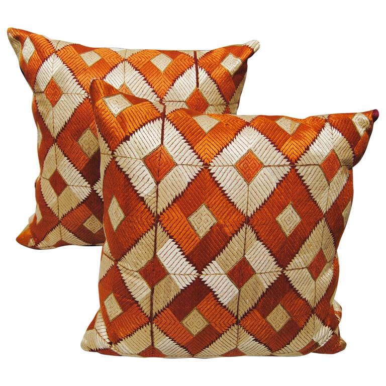Hand Embroidered Silk Phulkari Bagh Pillows, Punjab, India at 1stDibs