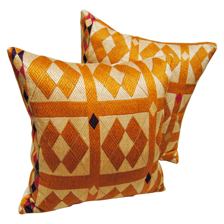 Golden Silk Embroidered Phulkari Bagh Pillows, Punjab, India For Sale