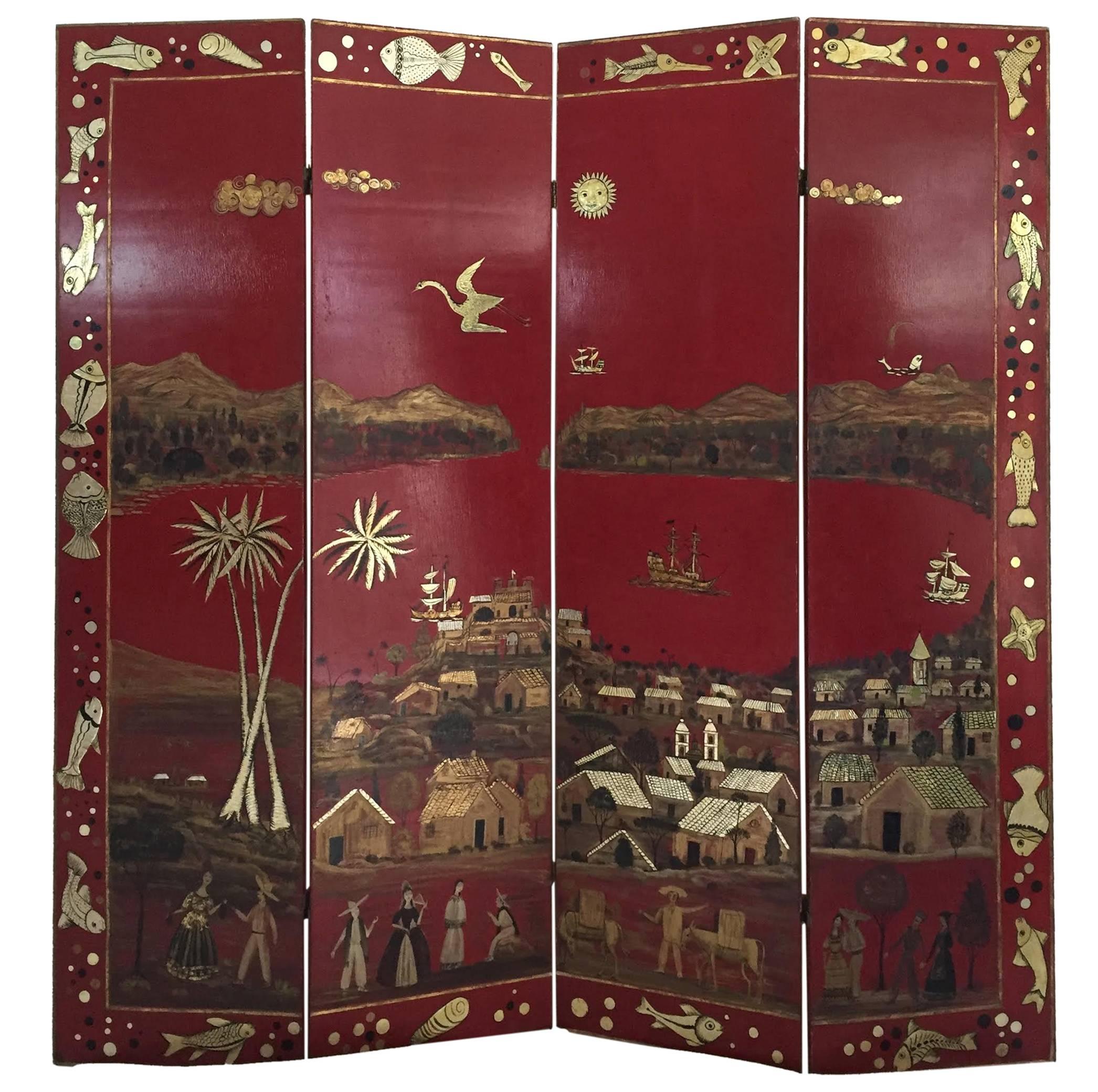 Salvador Corona Folding 4 Panel Floor Screen of  Patzcuaro, Acapulco circa 1938