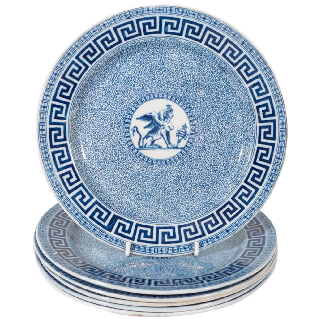 Set of a Dozen Blue and White Neo Egyptian Dishes with Sphinx and Greek Key