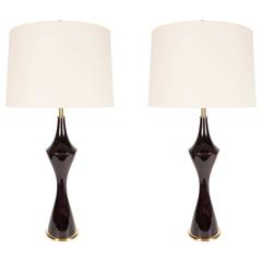Mid-Century Modernist Sculptural Hourglass Form Table Lamps in Ebonized Walnut