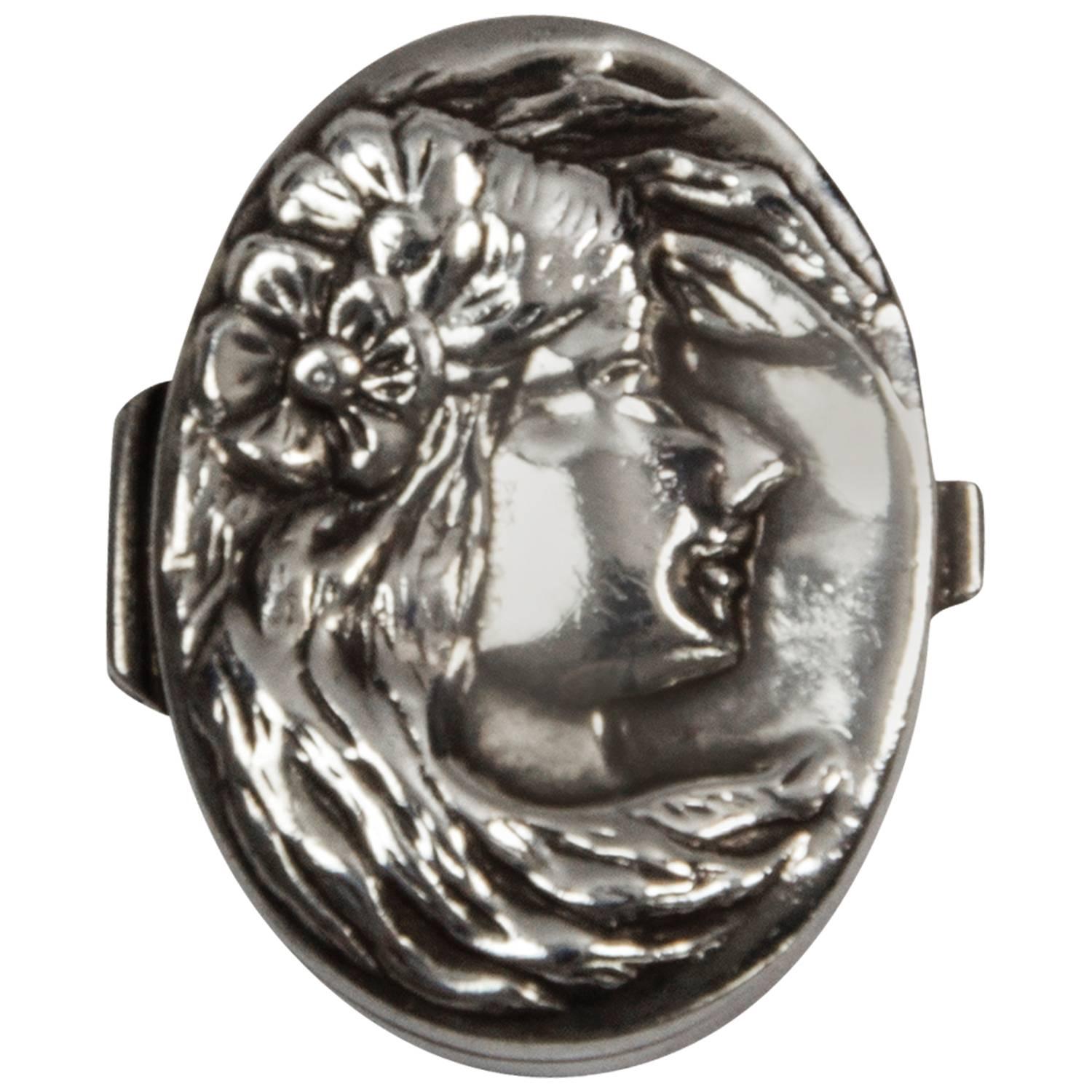 Figural Lady's Face Sterling Snuff Pill Box Case For Sale