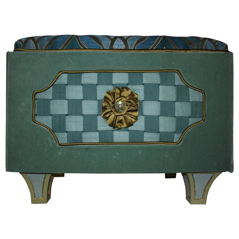 "Jewel Box" Ottoman with woven fabric checker board center covered in