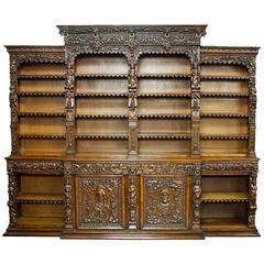 Exceptional Mid-19th Century Oak Breakfront Antiquarian Open Bookcase 1