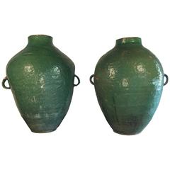 Antique 19th Century Pair of Green Chomba Jars
